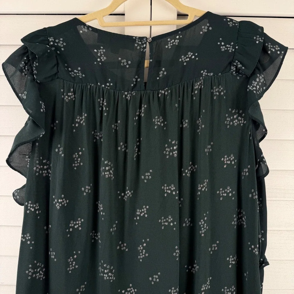 LOFT Flutter Sleeve Top Women XXL Green Floral Ruffle Blouse - Picture 7 of 14